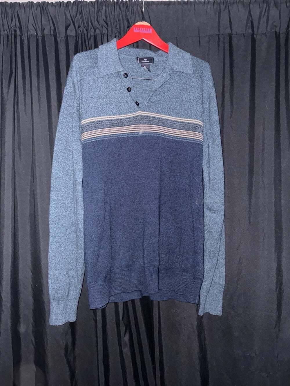 Dockers Men's Blue Striped Colorblock Polo Sweater, Size L/G